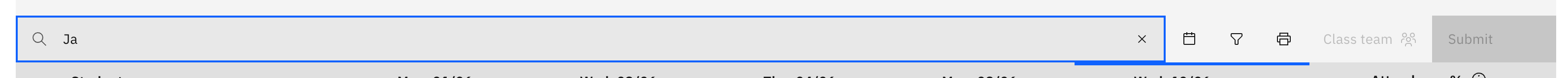 The roll toolbar with the Search students… box open and a name typed in