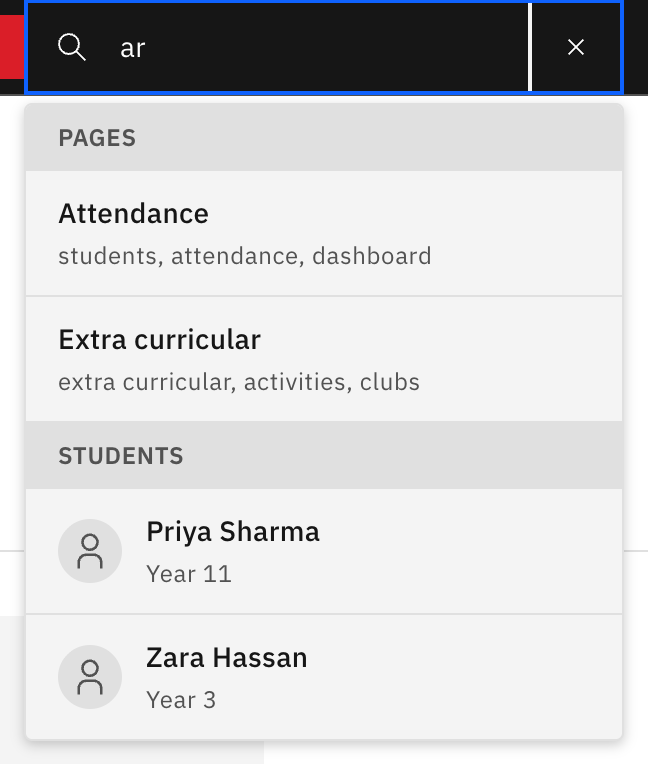The top-toolbar search open, with results split into Pages and Students