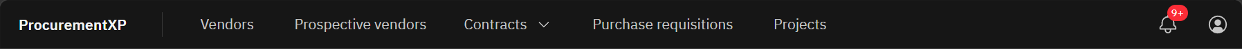 The Procurement XP top navigation bar showing section links across the top and the Notifications and User menu icons at the right