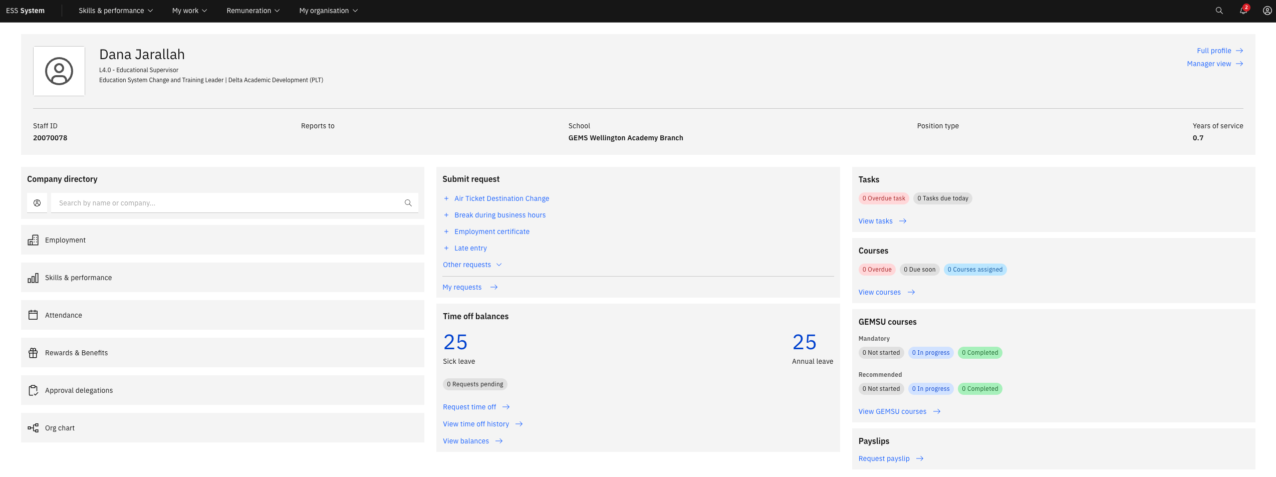 The ESS home page showing the main navigation tiles including My Profile, Tasks, Questionnaires, Approvals, Company Directory, and Org chart