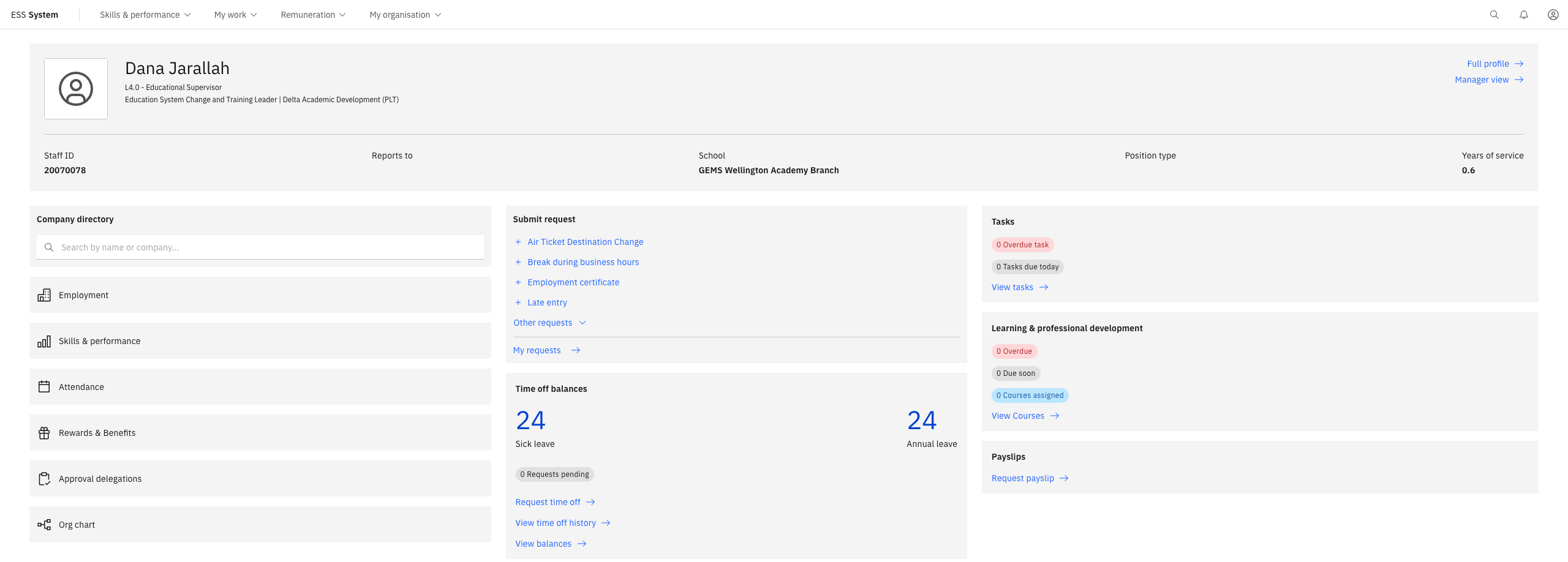 The ESS home page showing the main navigation tiles including My Profile, Tasks, Questionnaires, Approvals, Company Directory, and Org chart
