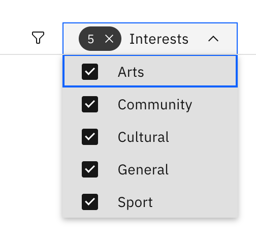 The Notices board with the Interests dropdown open at the top-right