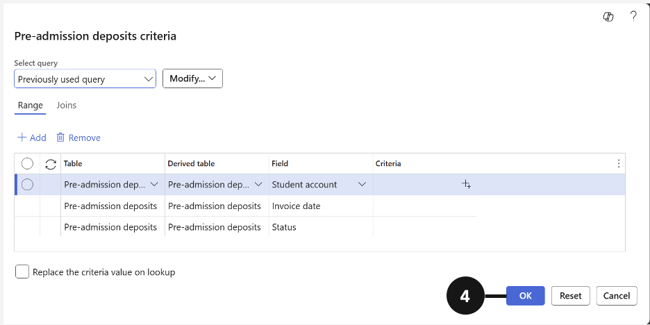 Forfeiting Deposits — the Pre-admission deposits list with a deposit checked for forfeiture
