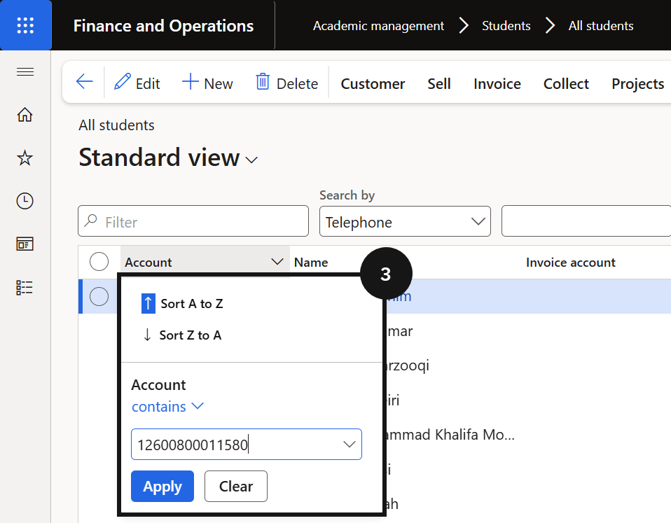 Generate an Advance Tax Invoice — the All sales orders view for the student with Invoice selected on the Action Pane