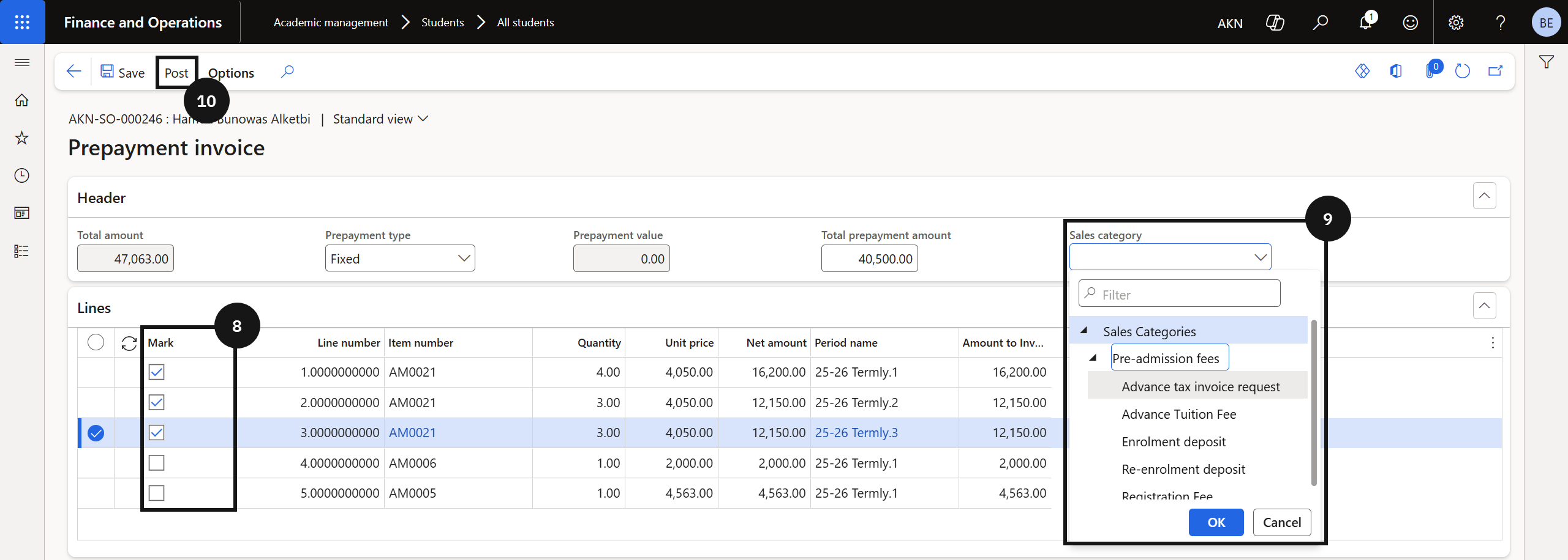 Generate an Advance Tax Invoice — the Prepayment invoice view with Print option