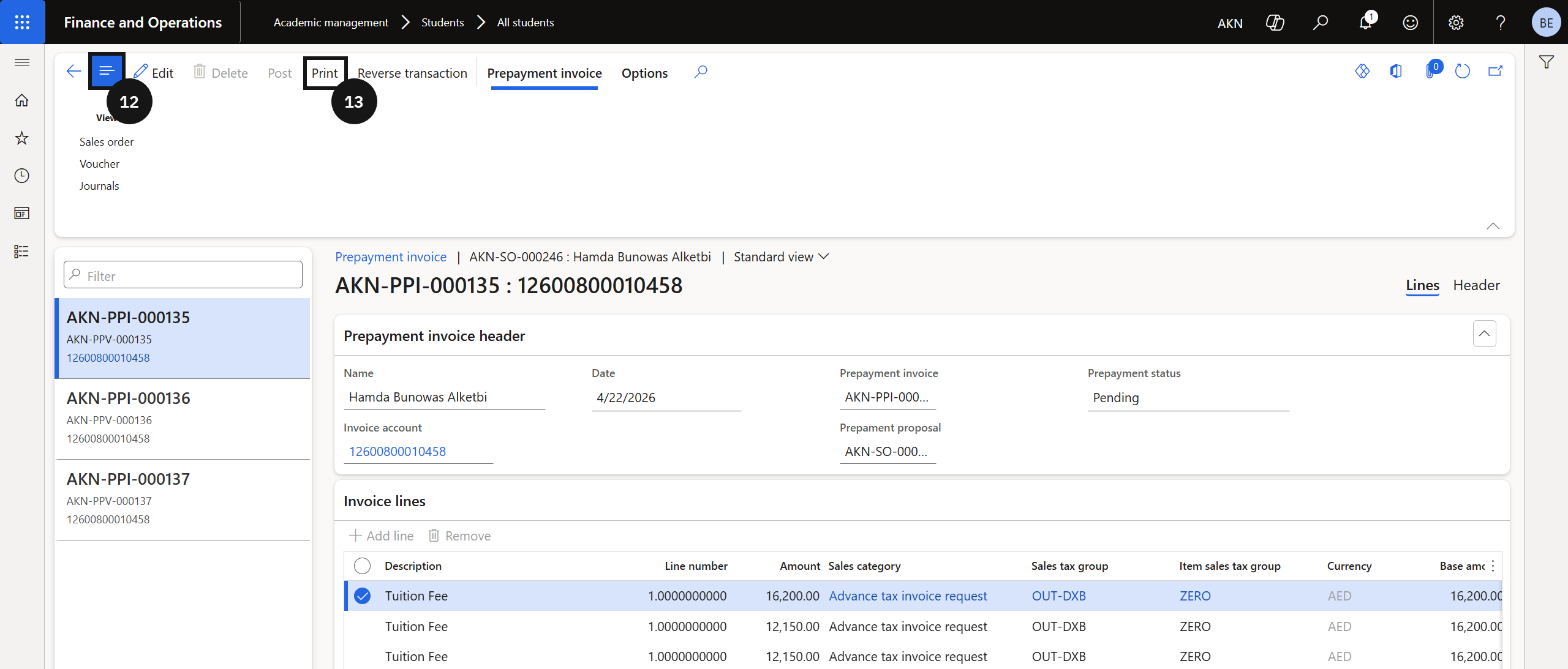 Generate an Advance Tax Invoice — the printed advance tax invoice document