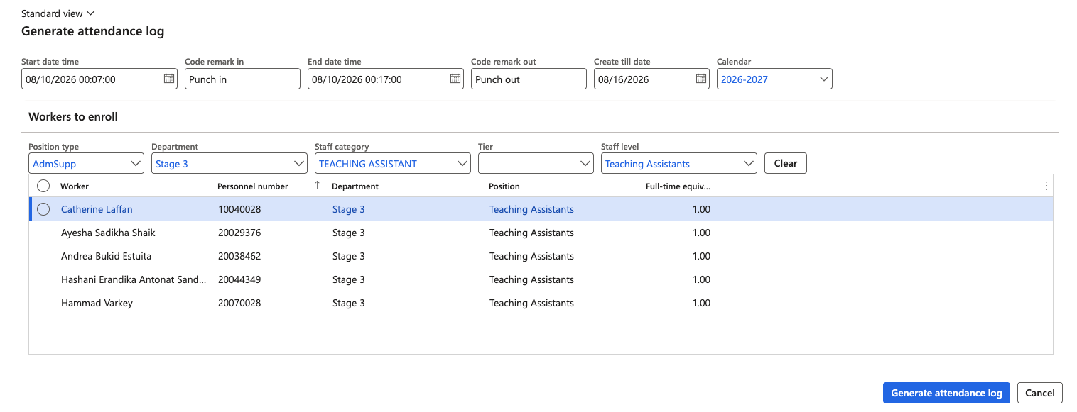 The generate attendance log form completed