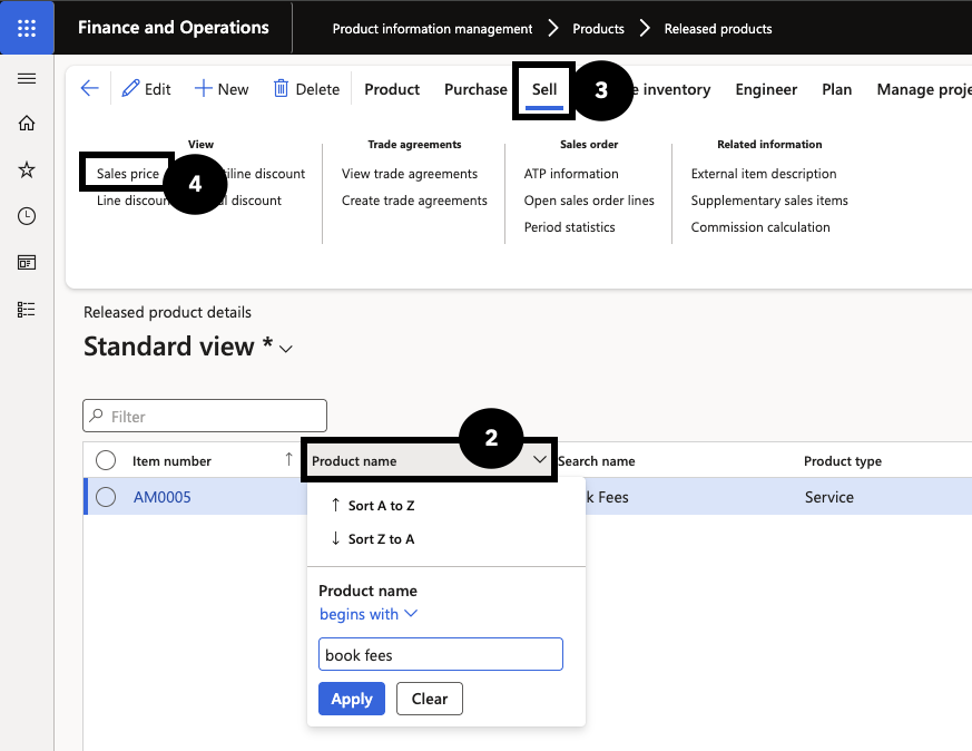 Generate Flat Fee for Book Sales — the Released products Sales price view for book fee items showing prices by grade, curriculum, and stream