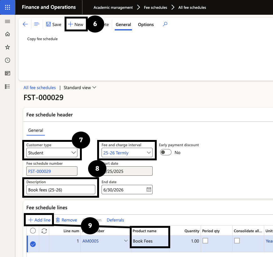 Generate Flat Fee for Book Sales — the new fee schedule template with the book fee item in the fee schedule lines