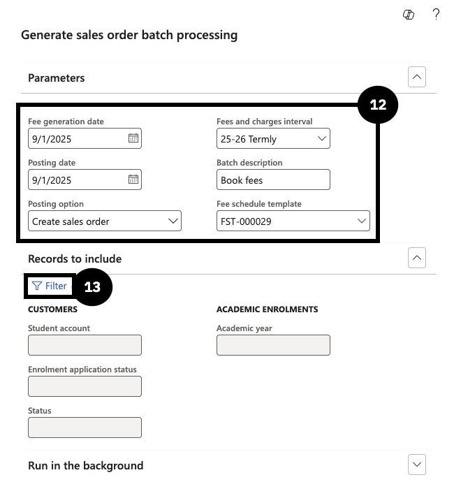 Generate Flat Fee for Book Sales — the Generate sales order batch processing dialog with the book sales template and student account filter