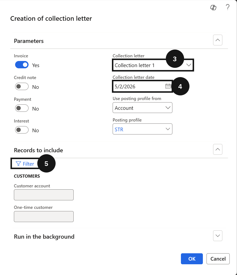Generate Collection Letters — the Create collection letters dialog with Collection letter code, date, and customer account filter
