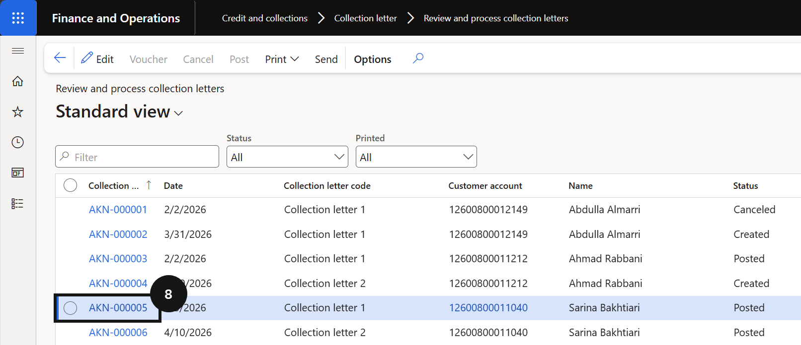 Generate Collection Letters — the Review and process collection letters view with the collection letter open