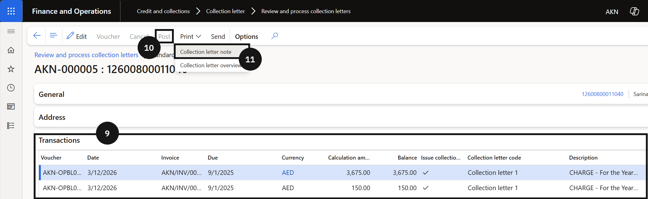 Generate Collection Letters — the Post button and Print option for Collection letter note
