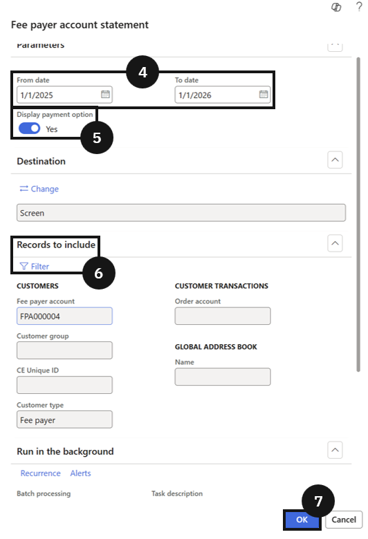 Generate Fee Statements in Bulk — the Fee payer account statement dialog with date range and Records to include filter