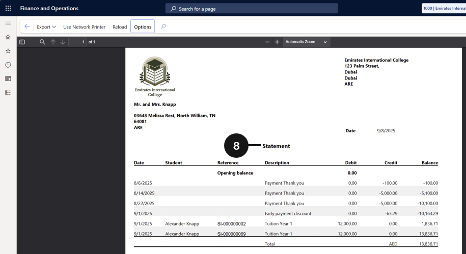 Generate Fee Statements in Bulk — the generated fee payer account statement showing outstanding invoices and payment history