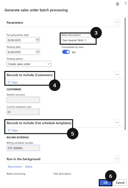 Generate Pro Rata Fee Adjustments — the fee schedule batch list showing the newly generated batch with reduced amounts for late-joining students