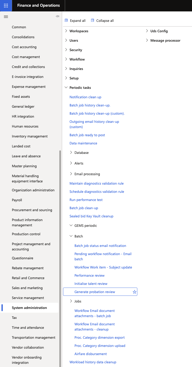 The D365 Batch Processes list with Generate Probation Reviews highlighted