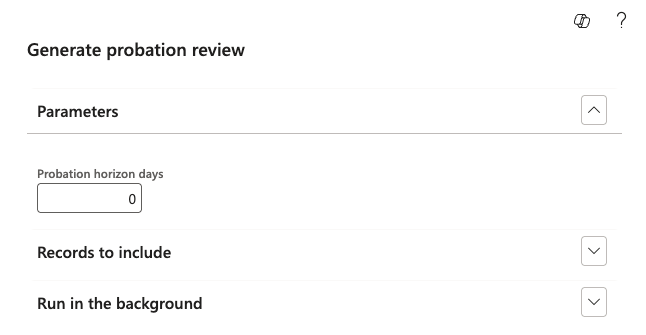 The Generate Probation Reviews parameters screen showing the Probation Horizon Days input field