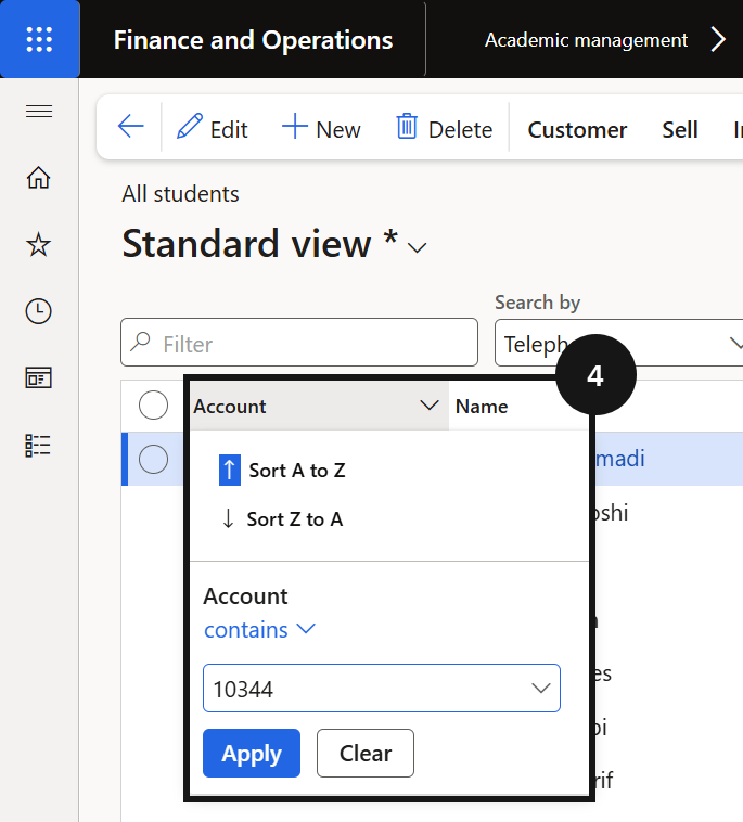 Generate a Proforma Invoice Document — the All students list filtered to the student with the Sell > Orders > All sales orders path
