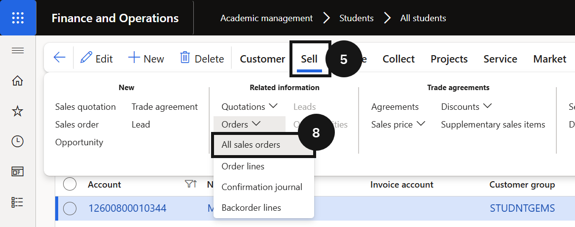 Generate a Proforma Invoice Document — the All sales orders list for the student with the sales order selected