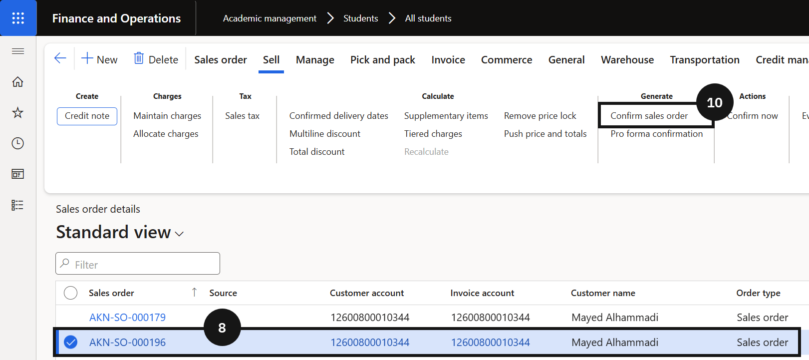 Generate a Proforma Invoice Document — the Confirm sales order dialog with Print confirmation and Use print management destination set to Yes