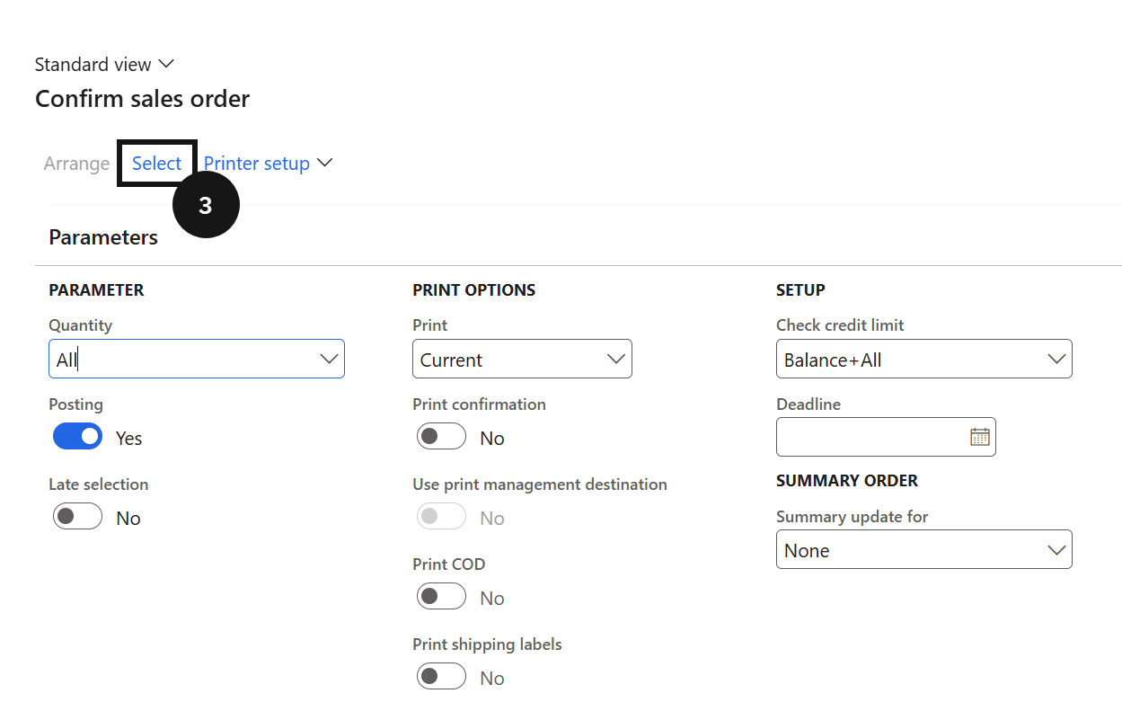 Generate Proforma Invoice Documents in Bulk — the Confirm sales order dialog with the Fee and charge interval filter and Print confirmation enabled