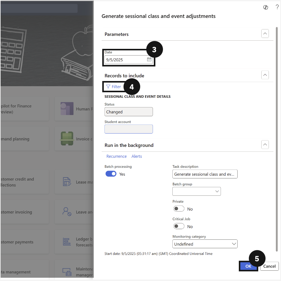 Generate Session Adjustment — the Generate sessional class and event adjustments dialog with the adjustment date and Records to include filter