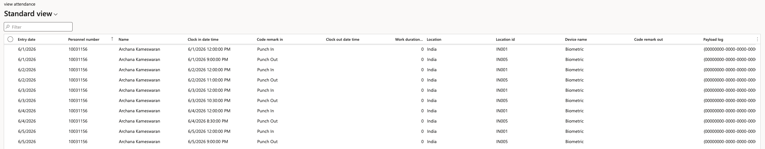 Imported rows in the attendance logs form, showing a punch in and punch out on the same date
