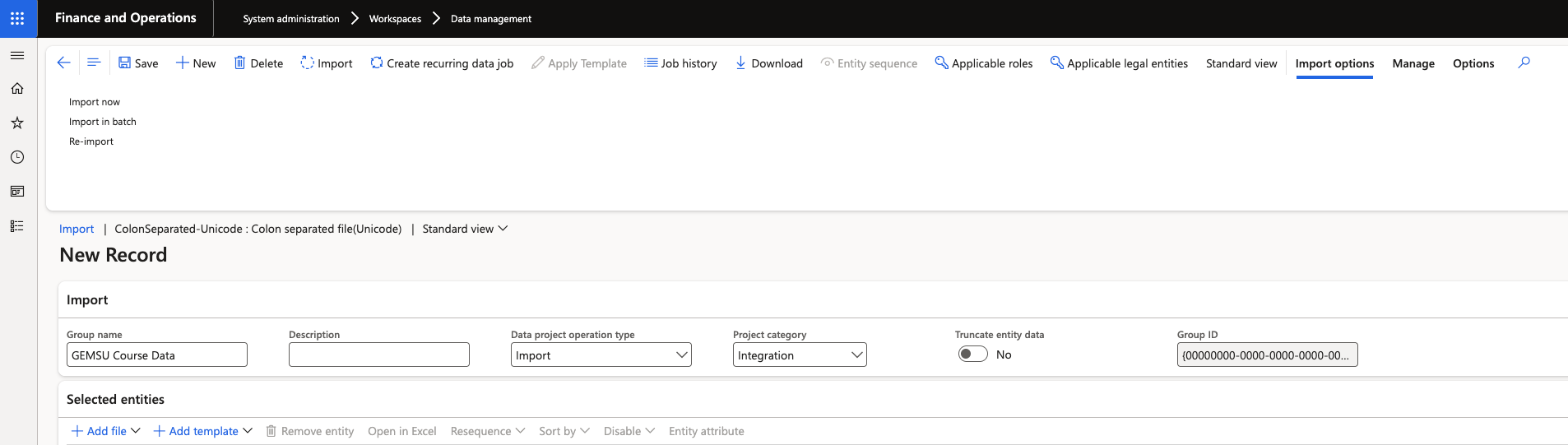 The Data management workspace in D365 with a new import project