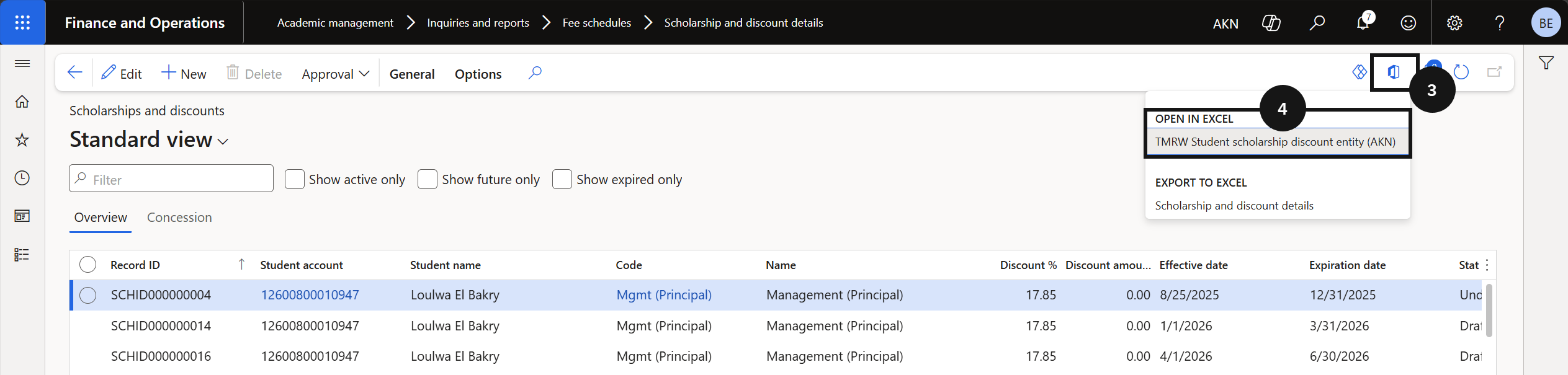 Import scholarships via Excel — the Scholarship and discount details page with Open in Microsoft Office