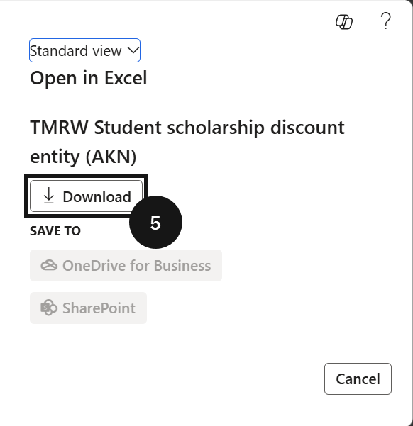 Import scholarships via Excel — the Open in Microsoft Office dialog with the TMRW entity selected
