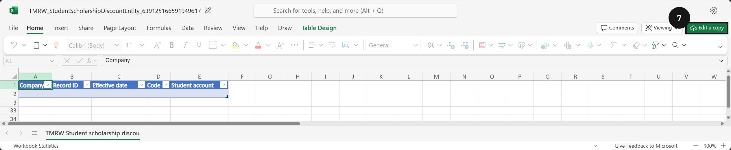 Import scholarships via Excel — the Design panel in the Excel add-in with the Edit button
