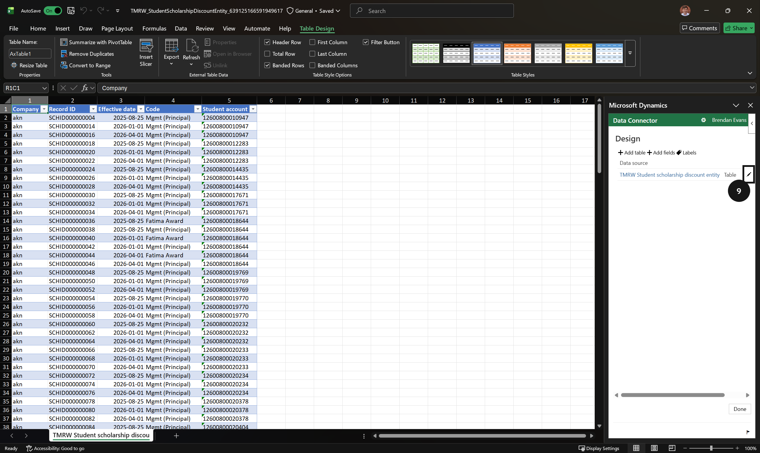 Import scholarships via Excel — the add-in panel showing the Refresh button