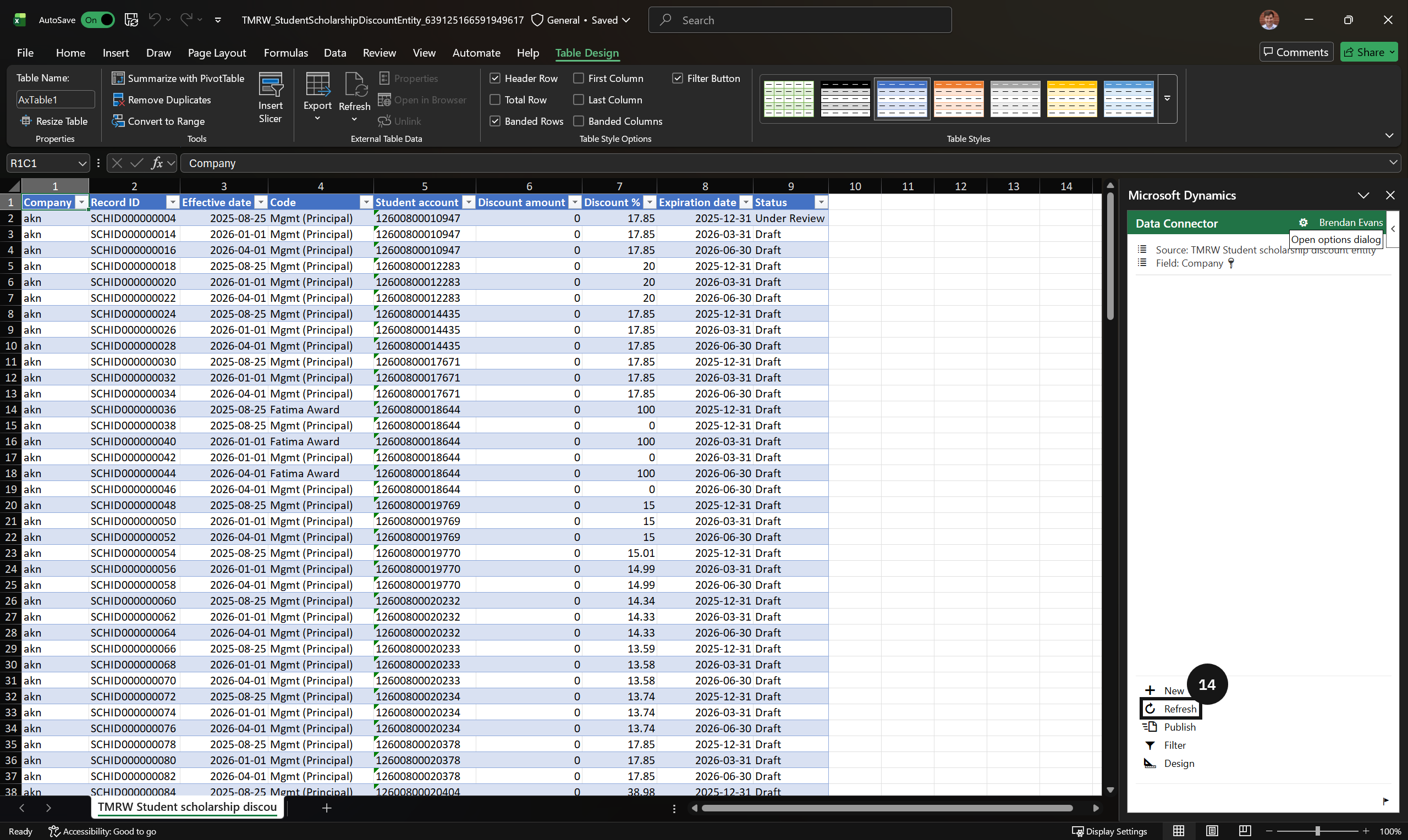 Import scholarships via Excel — the Scholarships and discounts master confirming records were accepted