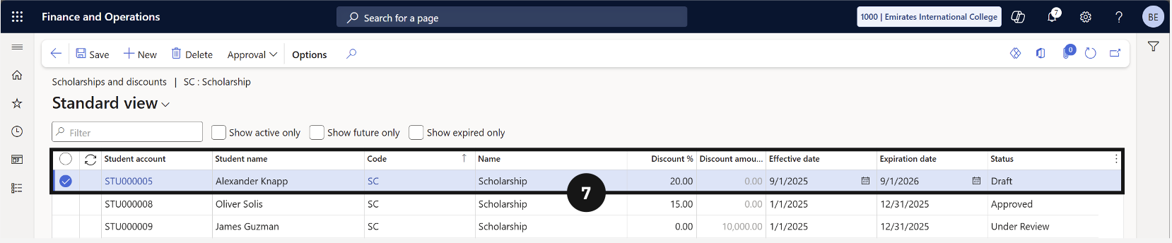 Link discount to student — a new student record with Discount %, start date, and expiration date fields