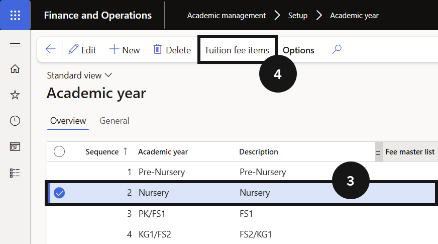 Link Tuition Fee to Academic Year — the Academic year form with the Tuition fee items panel open showing the new item row