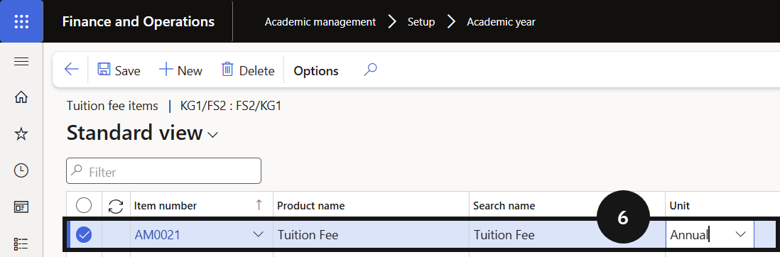 Link Tuition Fee to Academic Year — the completed tuition fee items panel showing the linked item with Unit and Quantity