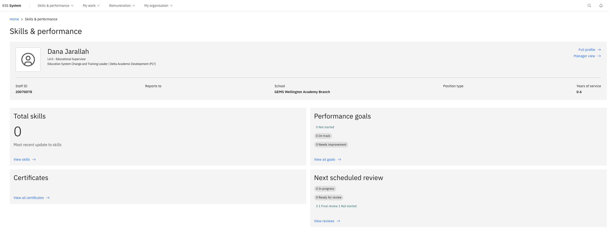 The certifications landing page to view Total skills, Certificates and Performance goals