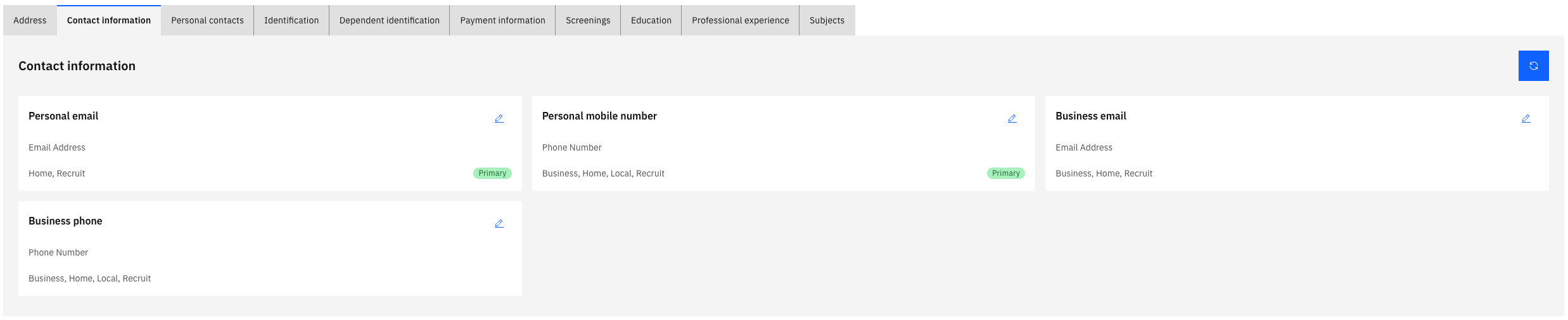 The Full Profile with the Contact Information tab selected, showing the Add New Contact button and existing contact entries