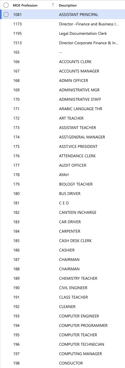 The MOE Profession list in D365 showing profession code and description columns