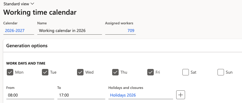 The calendar setup in D365 showing holidays and closures