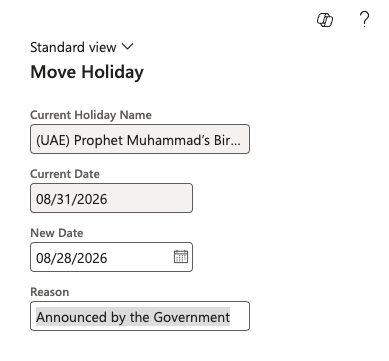Moving a holiday to a new date with a reason recorded