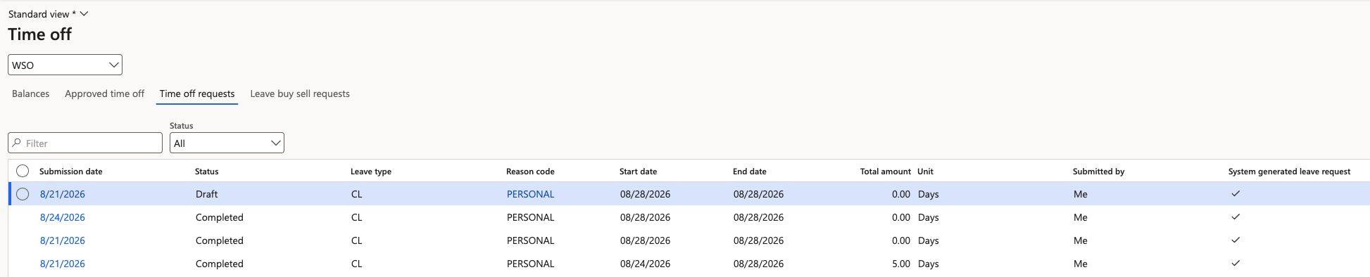 A system-generated leave request created by a calendar change, showing the flag set to Yes and the request completed