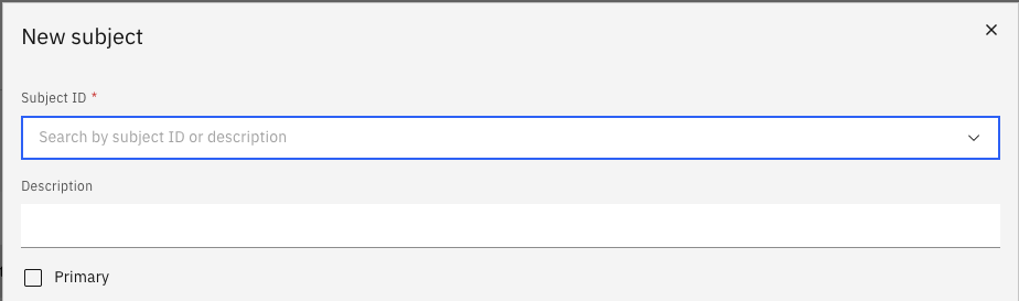 The Add New Subject form showing the subject search field and Primary toggle