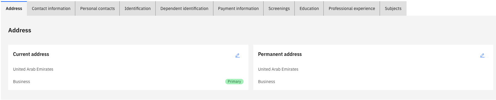 The Full Profile with the Address tab selected, showing the Add New Address button and existing address entries