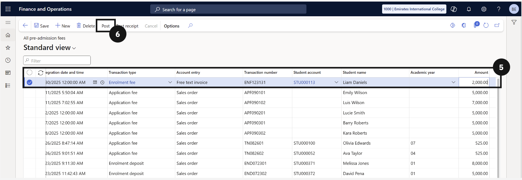Manually Add Enrolment Fee Record — the All pre-admission fees form with a new record being created and the required columns visible