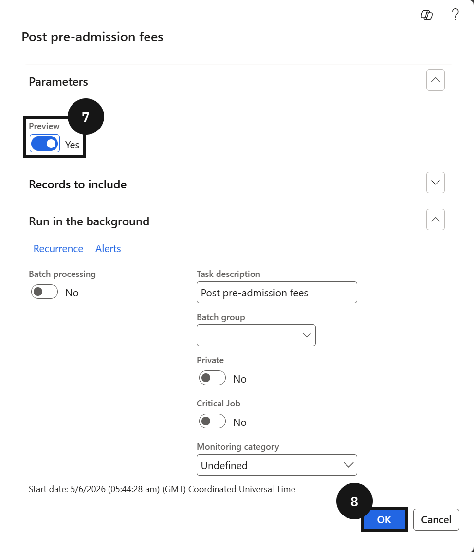 Manually Post Pre-Admission Fee — the Post dialog with the Preview toggle set to Yes