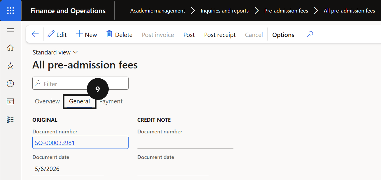 Manually Post Pre-Admission Fee — the General tab showing the created sales order number