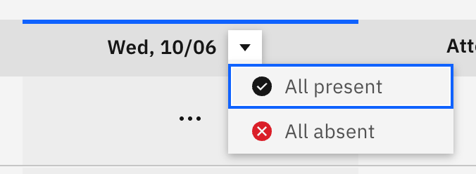 Today's column header menu open on the roll, showing All present and All absent