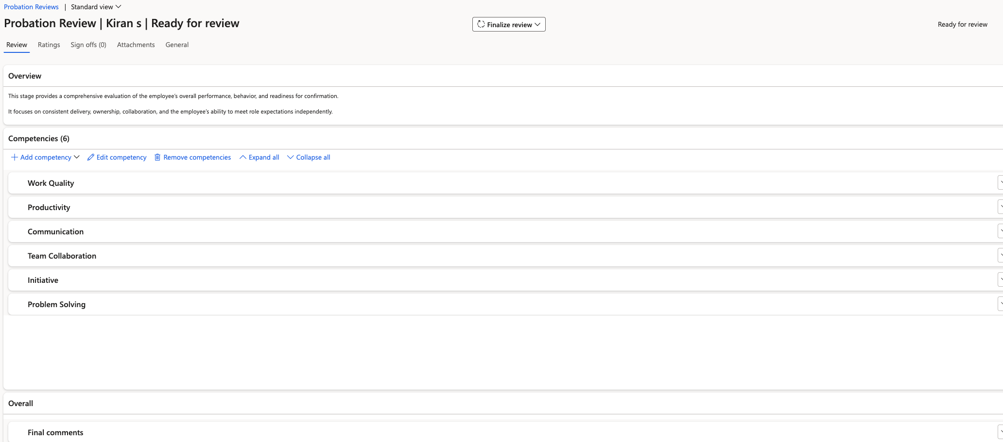 The probation review detail record showing manager competency ratings, employee comments, and the Review Outcome field